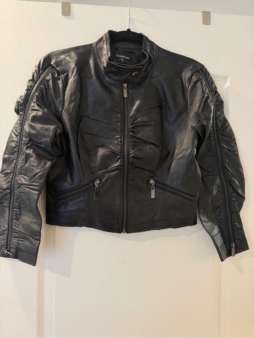 bebe Black Ruched Leather Moto Jacket